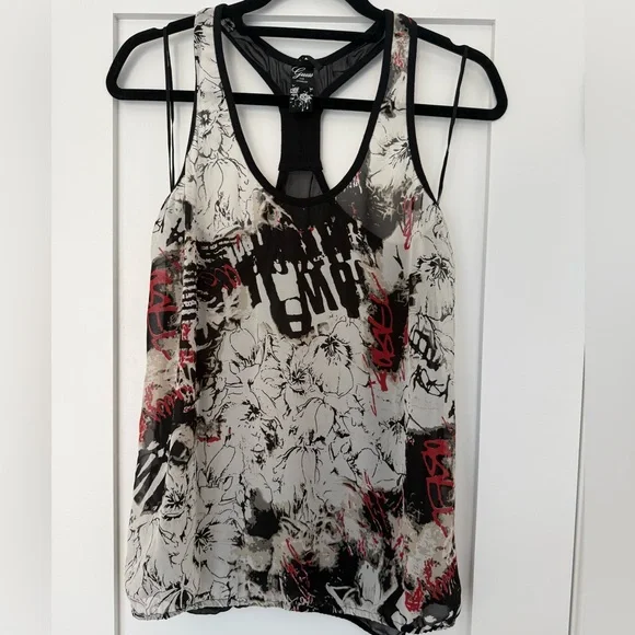 BNWOT GUESS Sheer Graphic Tank Top | Studded Back | Racerback | Size M - Picture 2 of 6